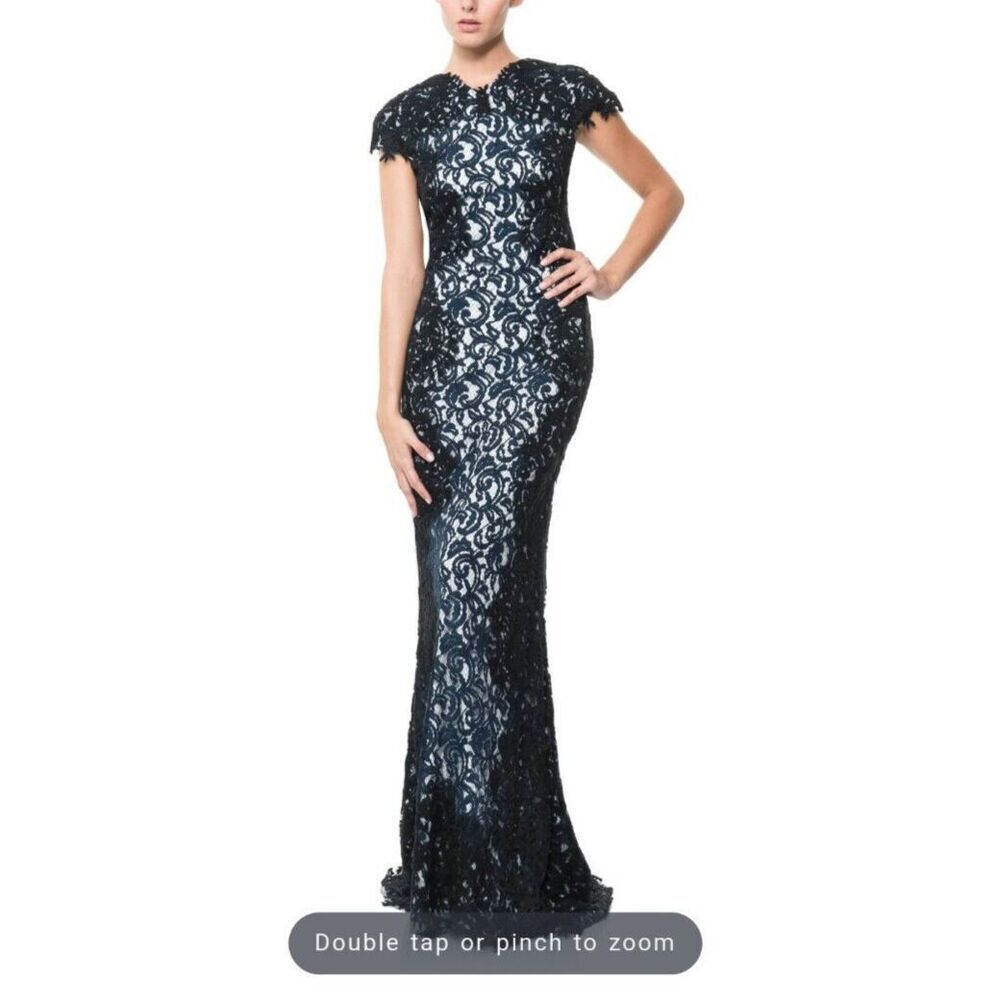 Tadashi Shoji Dress Size 16 Blue Black Lace Illusion Mother of the Bride